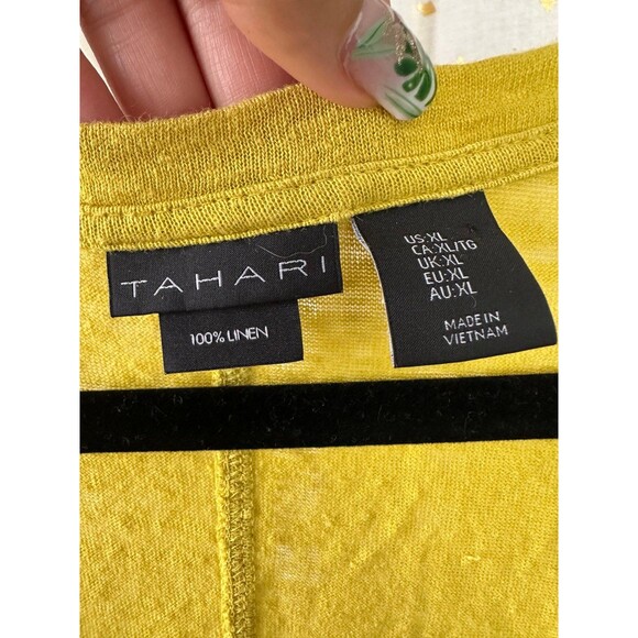 Tahari Women's 100% Linen Semi Sheer Yellow V Neck Hi-Lo Hem T-Shirt Blouse XL - Picture 4 of 5